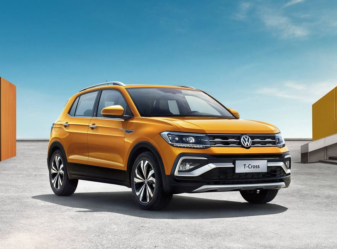 Orange Volkswagen T-Cross viewed from the front