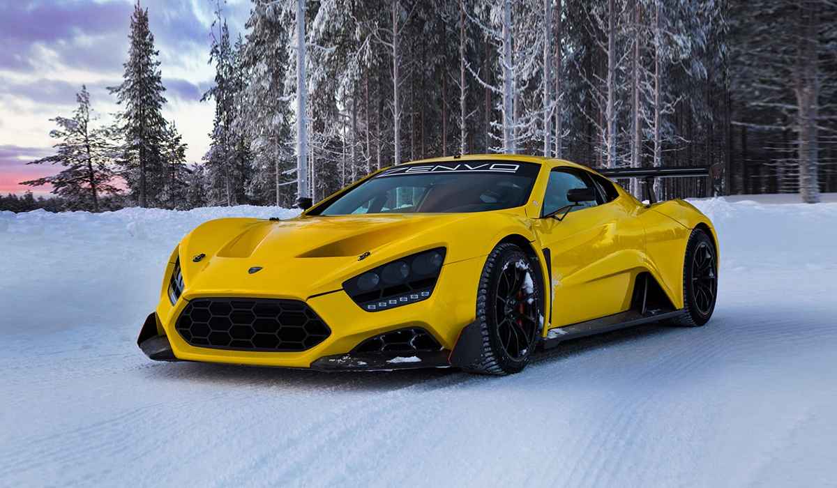 Yellow Zenvo parked outdoors in winter