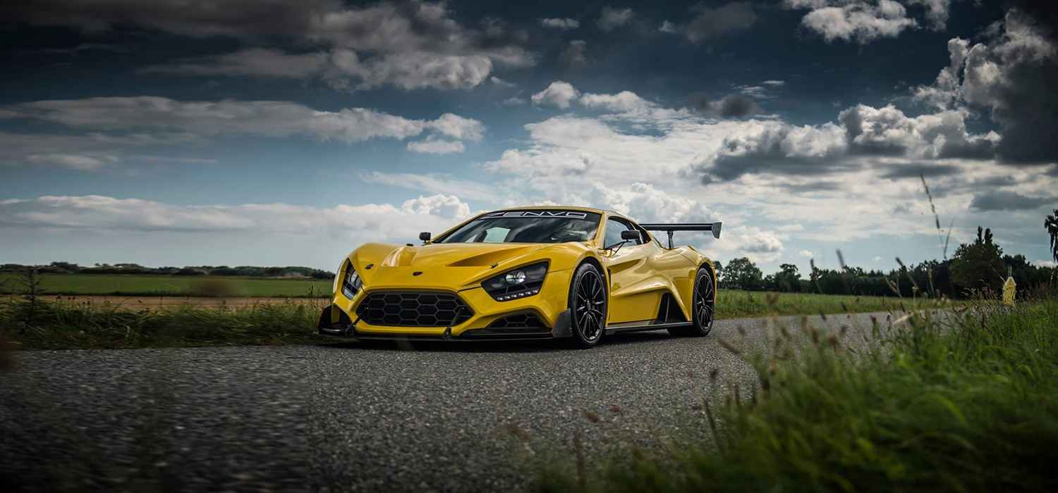 Yellow Zenvo TSR-S parked on a country road