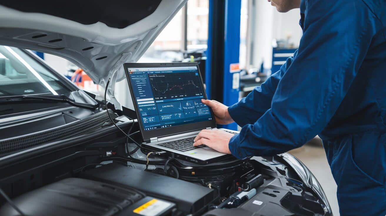 Mechanic using diagnostic equipment on a car engine