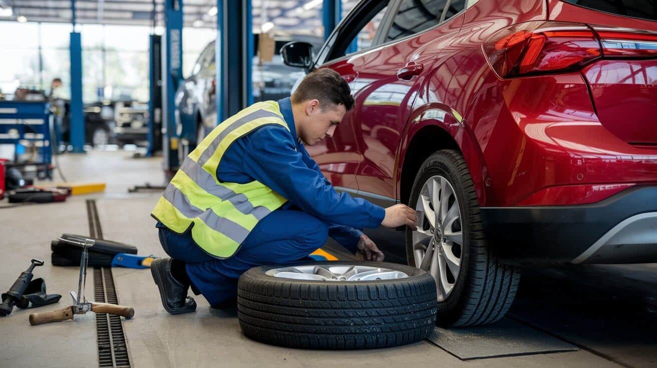 Technician inspecting a vehicle wheel in a workshop