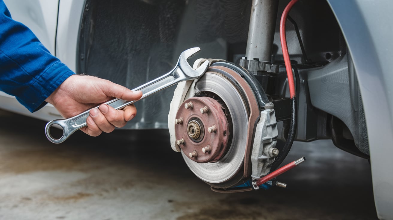 Technician working on an exposed vehicle brake assembly