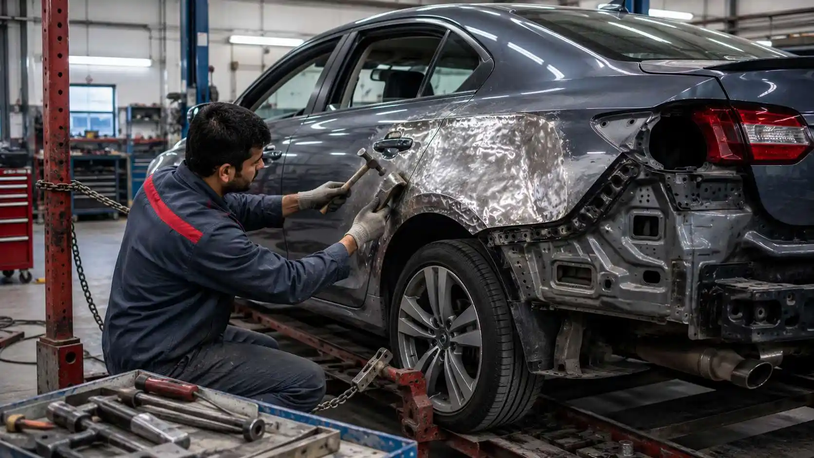 Technician repairing a dented car body panel in the workshop
