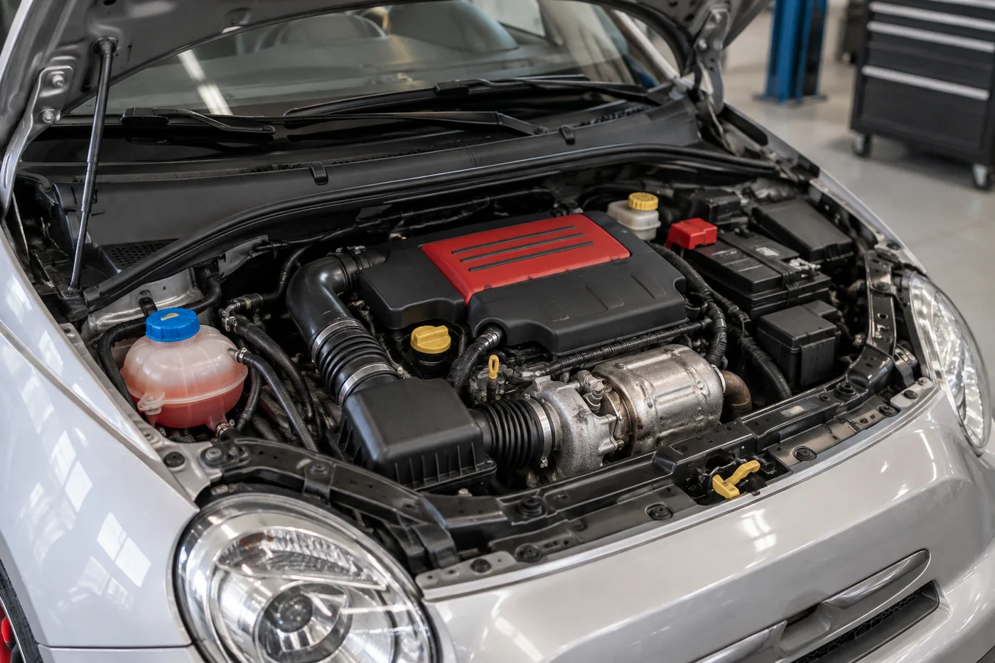 Representative petrol hatchback engine bay with bonnet open
