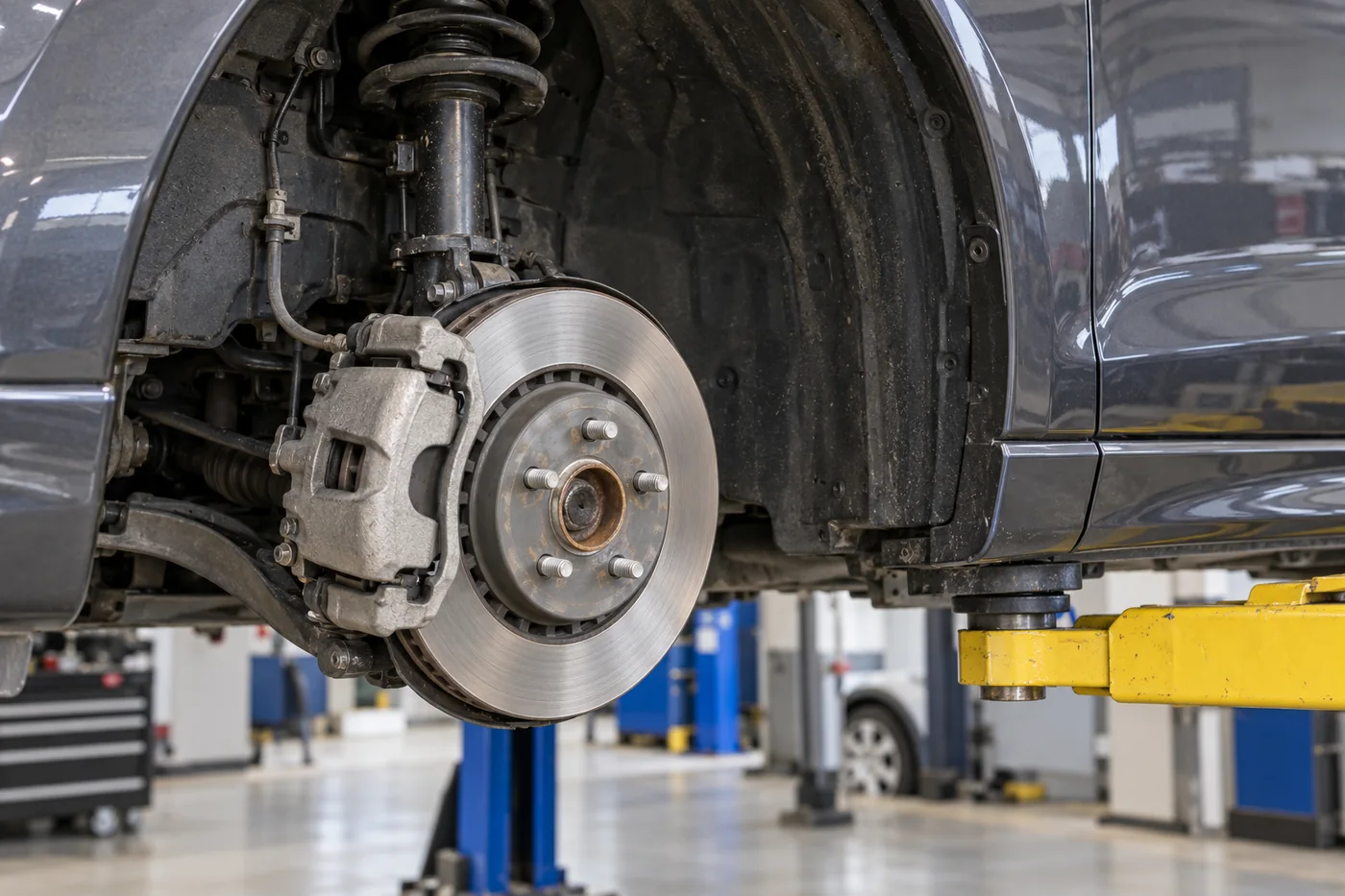 SUV brake disc, caliper and suspension with the wheel removed