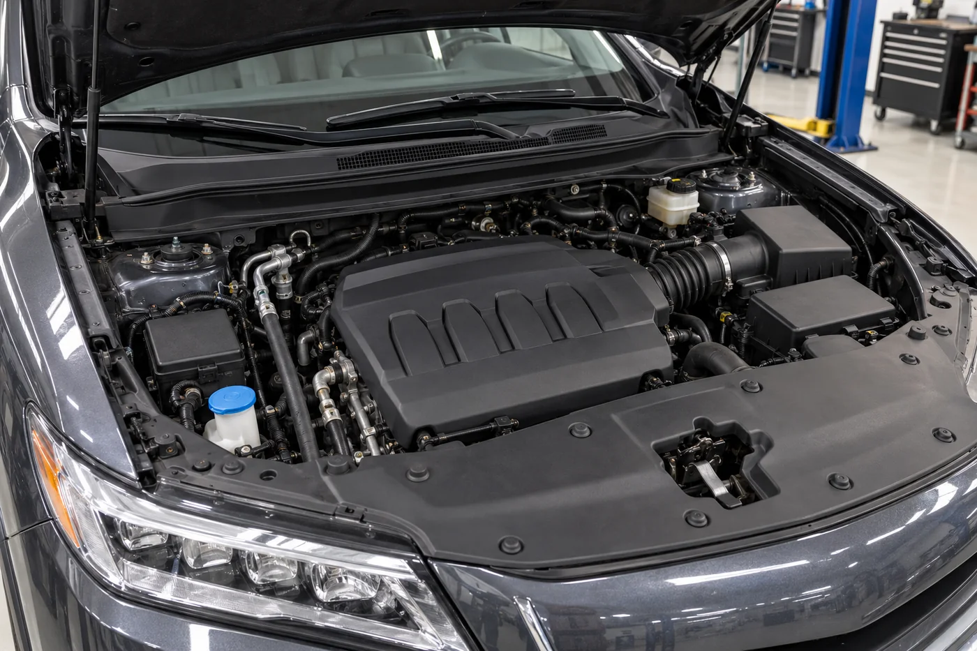 Open engine bay of a grey SUV