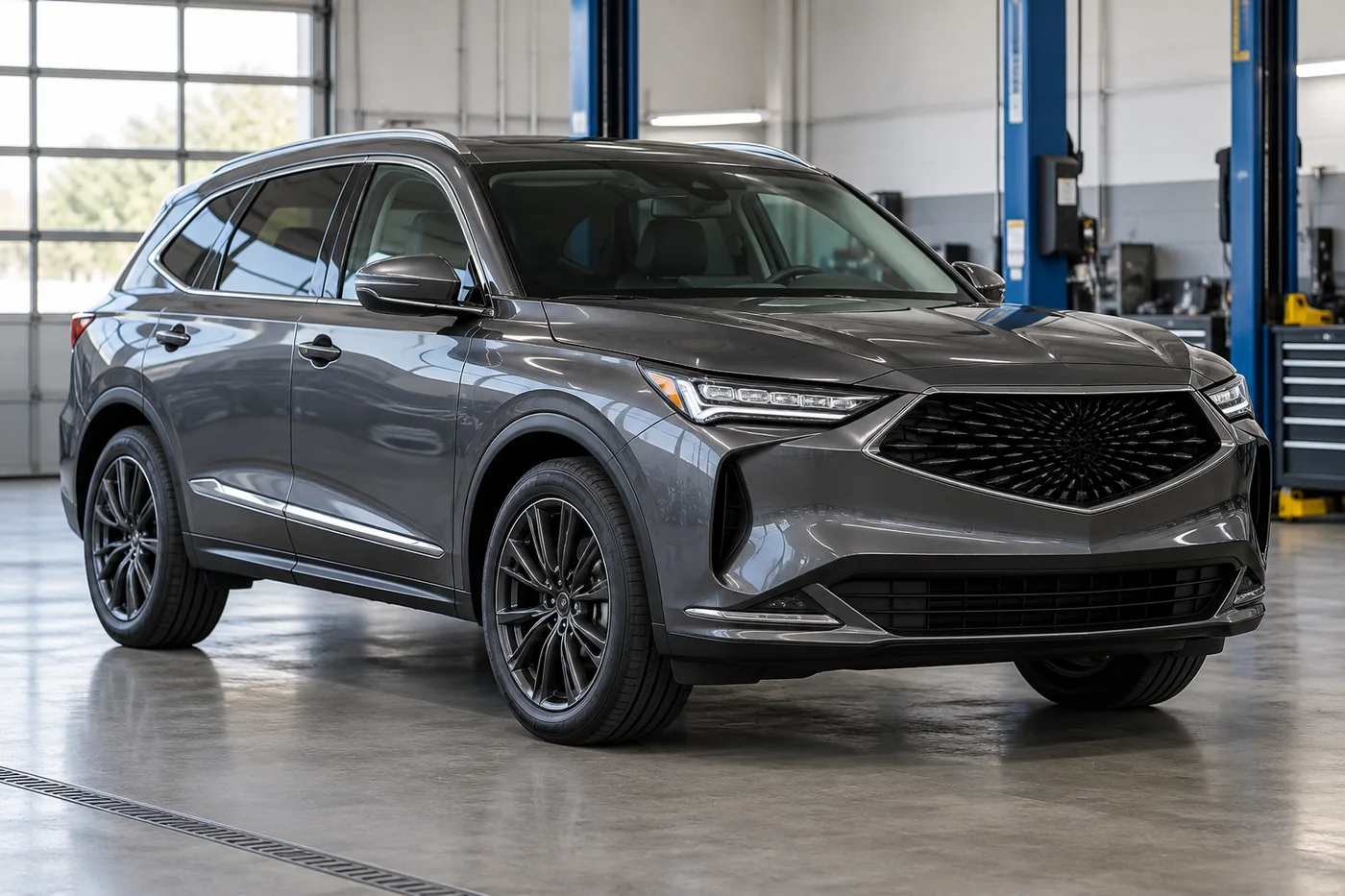 Grey luxury SUV in a clean workshop