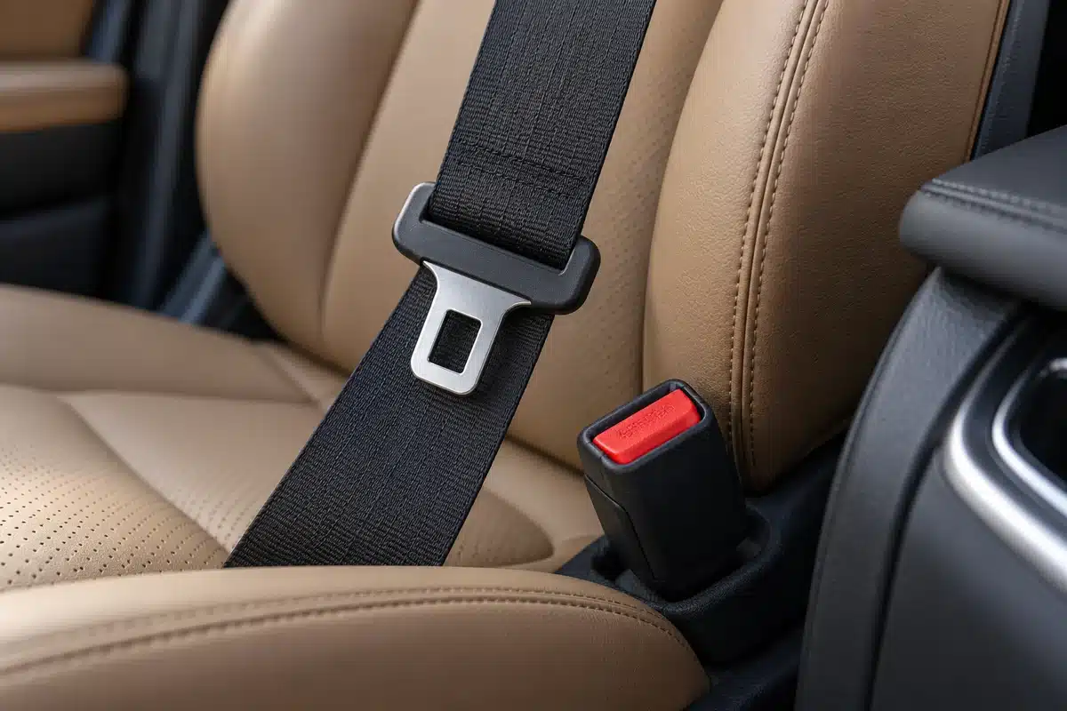 Seat belt webbing, latch plate and buckle beside a tan seat