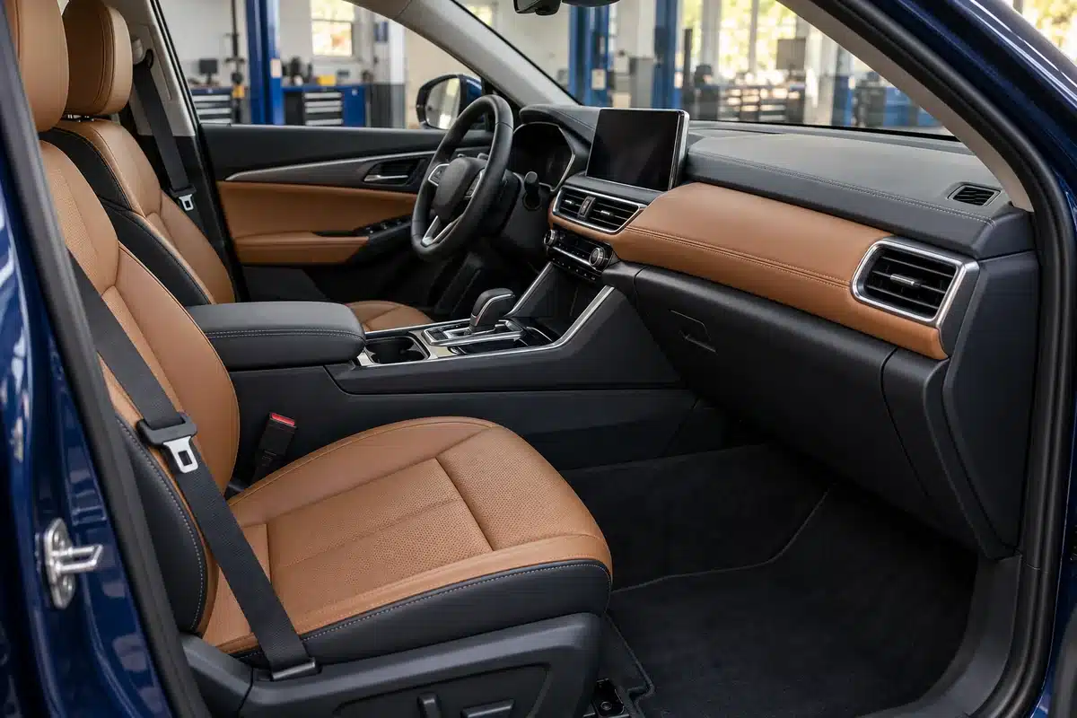 Intact dashboard and front passenger seat in a modern car