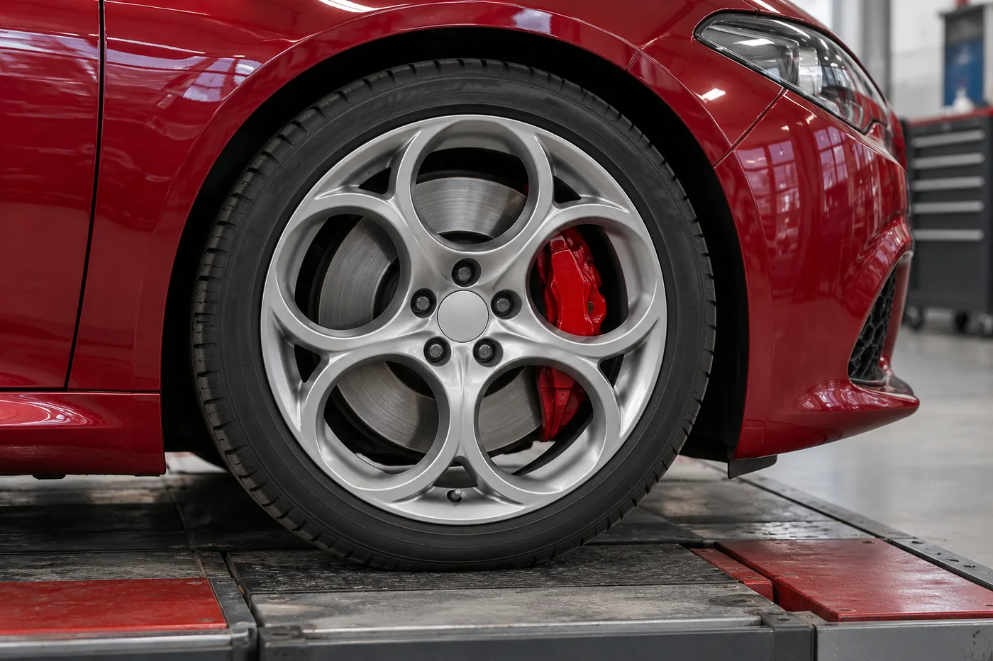 Five-hole alloy wheel and red brake caliper on a red sedan