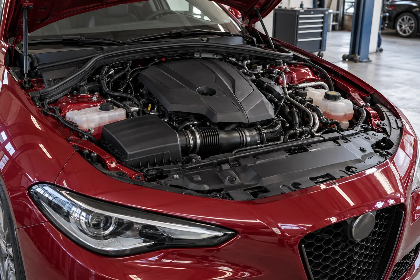 Open engine bay of a red sports sedan