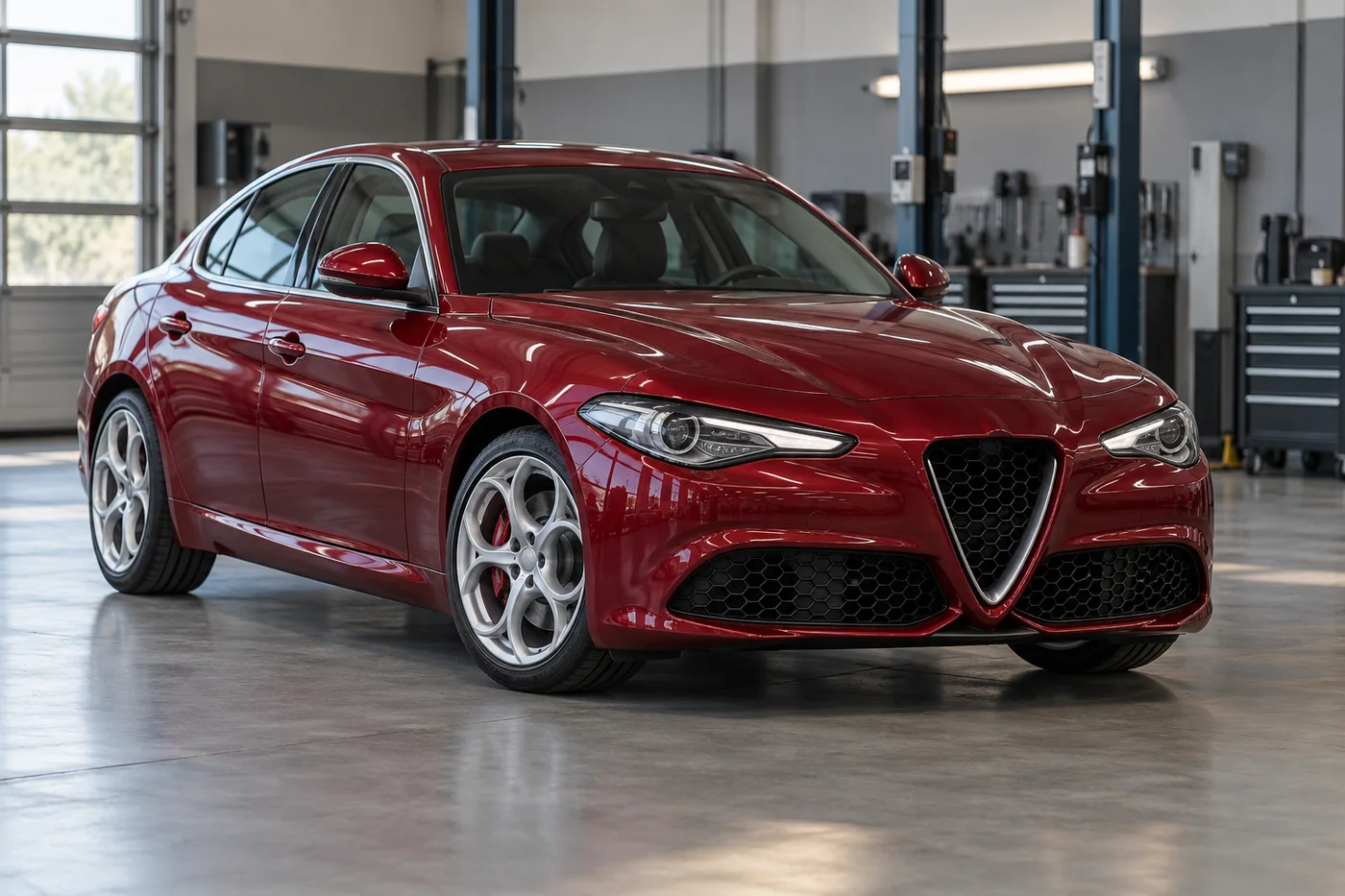 Red sports sedan in a clean workshop