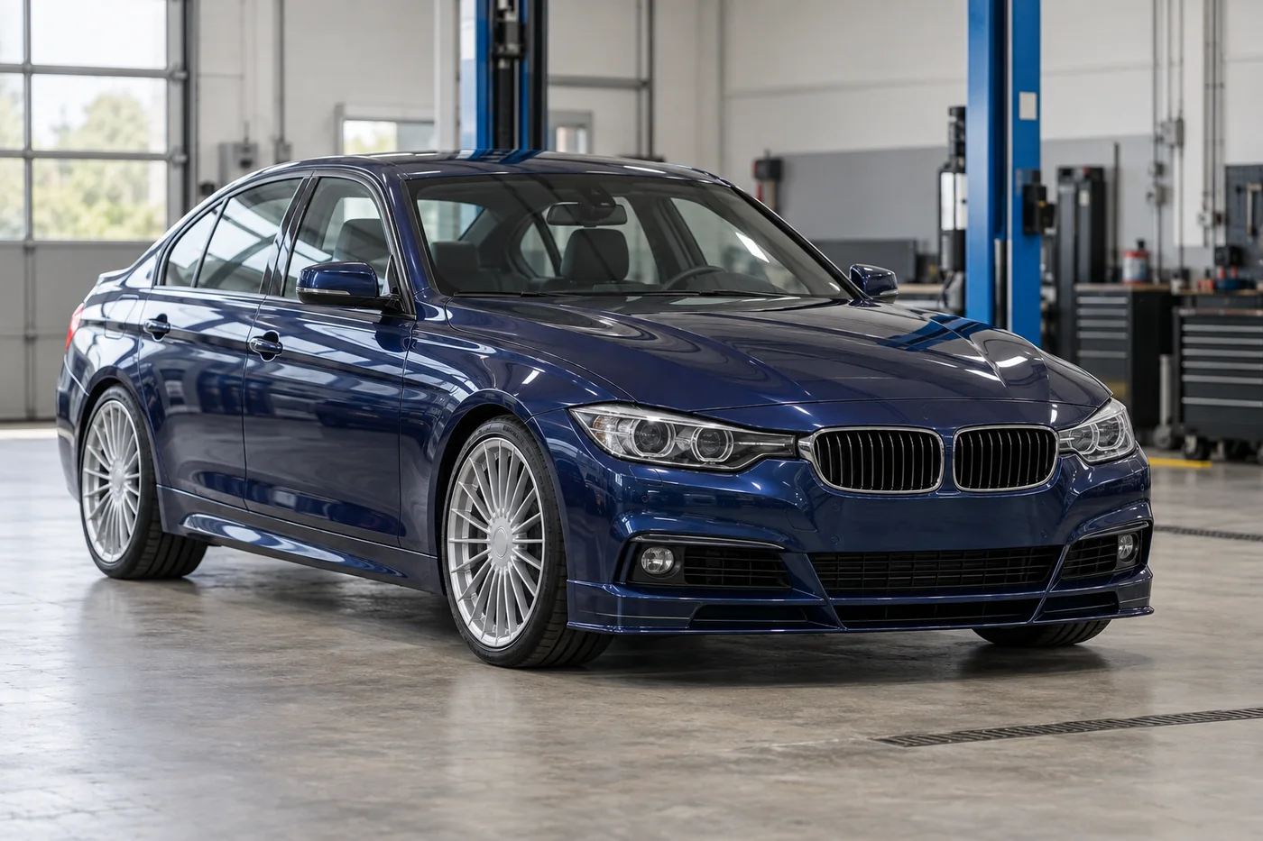 Blue performance sedan with multi-spoke wheels in a workshop