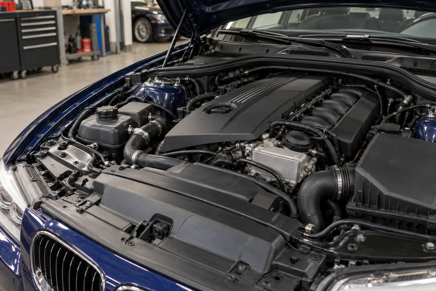 Engine bay and coolant hoses of a blue performance sedan