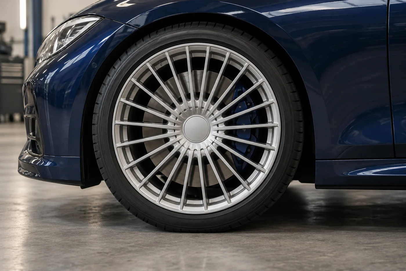 Silver multi-spoke wheel and brake on a blue sedan