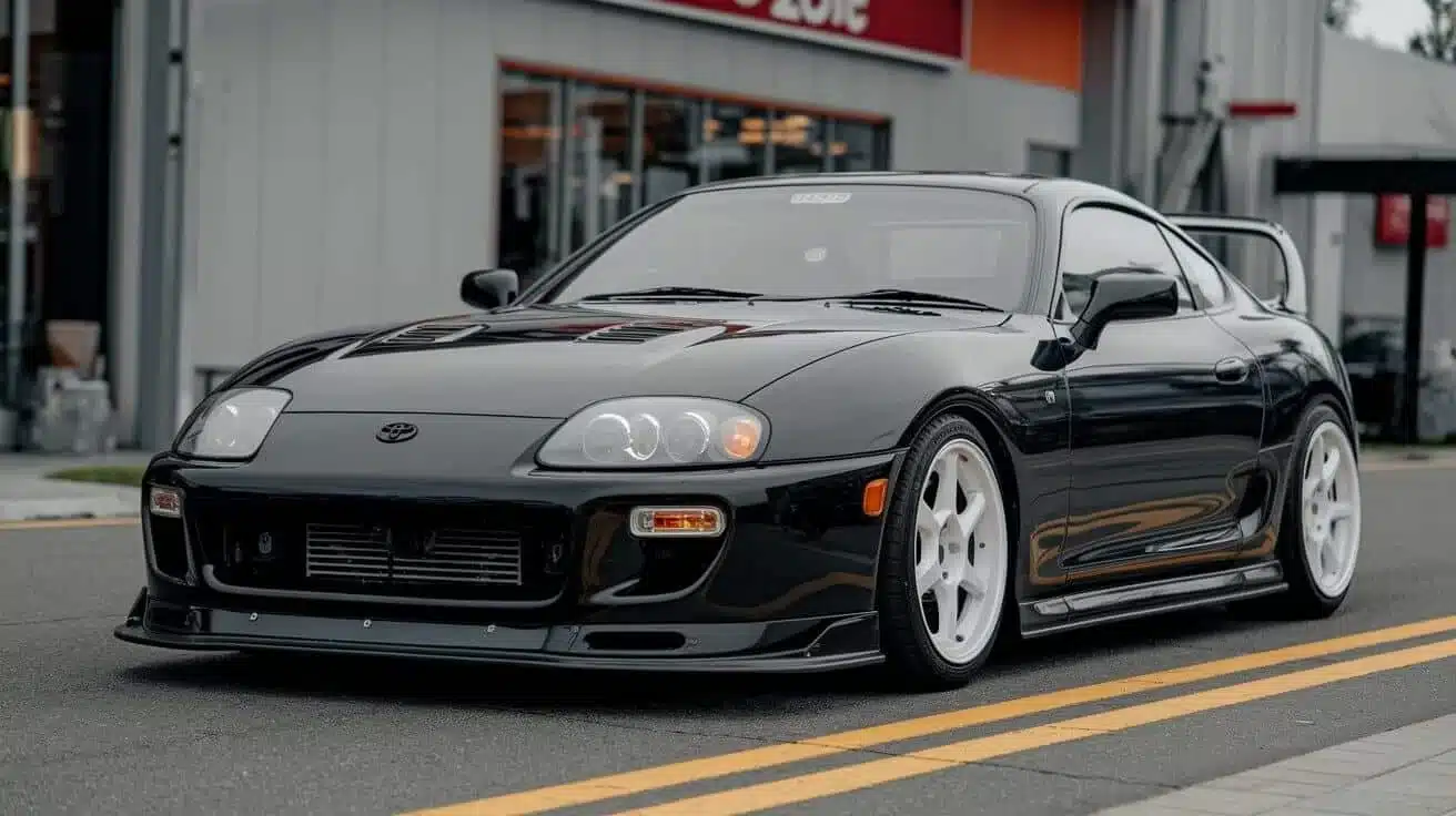 Black sports coupe with a front lip, side skirts and rear spoiler