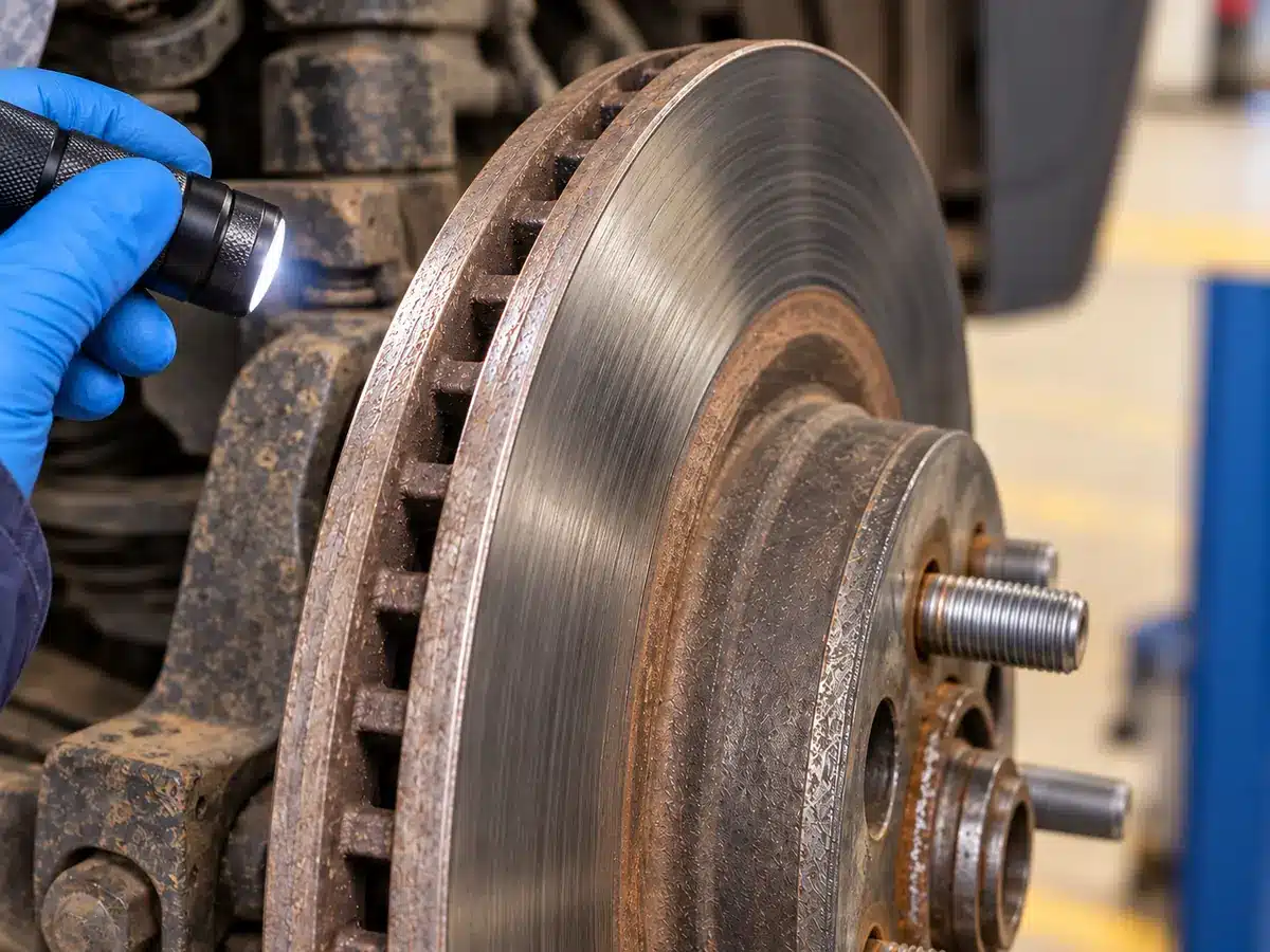 Close view of a brake disc and wheel hub during inspection
