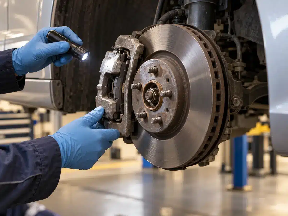 Brake disc and caliper exposed for inspection with the wheel removed
