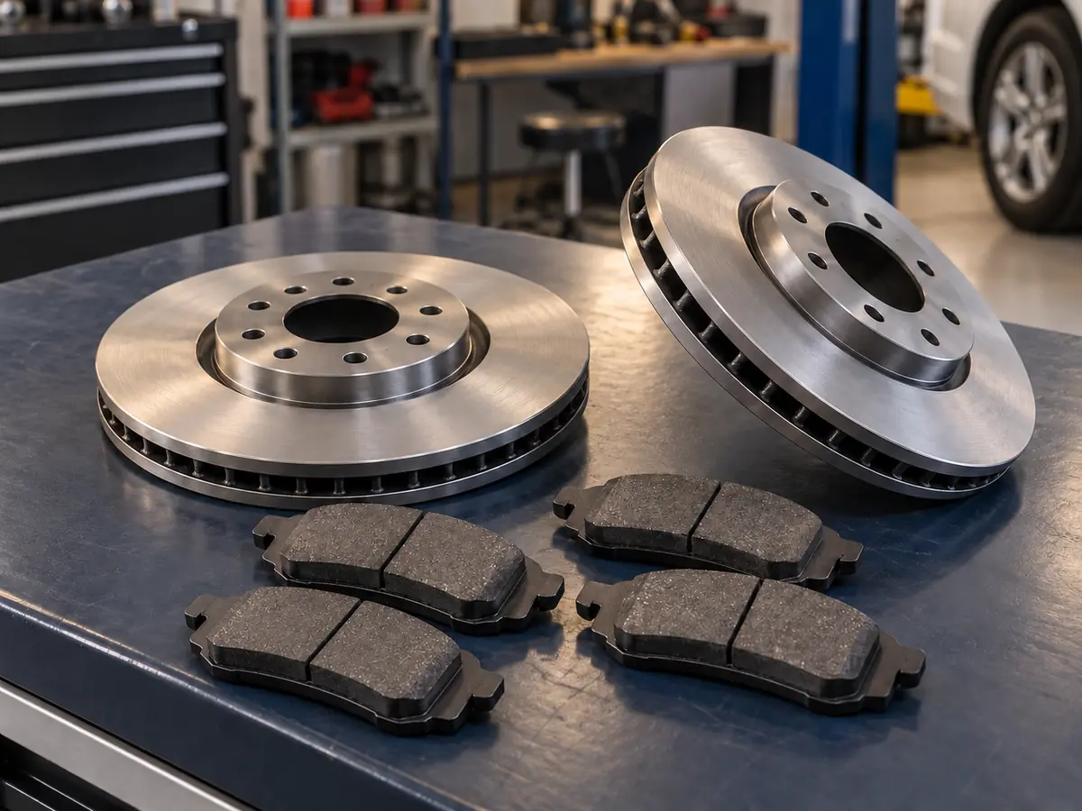 New brake pads and two vented cast iron rotors on a workshop bench