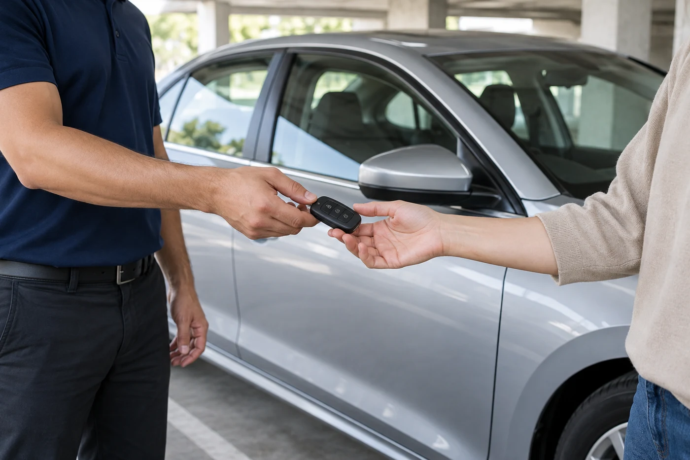 Vehicle keys being passed between two people beside a parked car