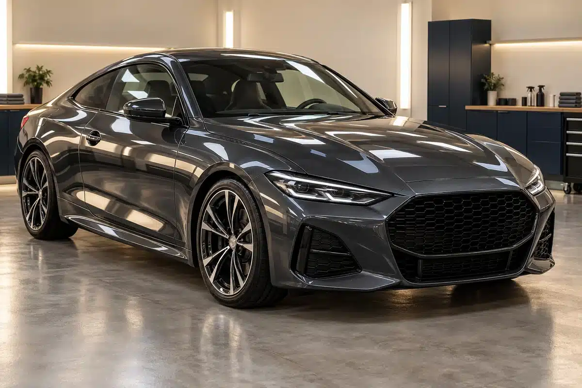 Graphite coupe with clean paintwork in a detailing studio