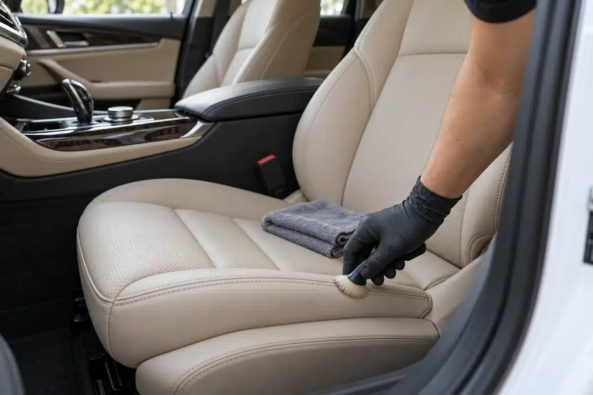 Soft detailing brush cleaning a seam on a beige leather car seat