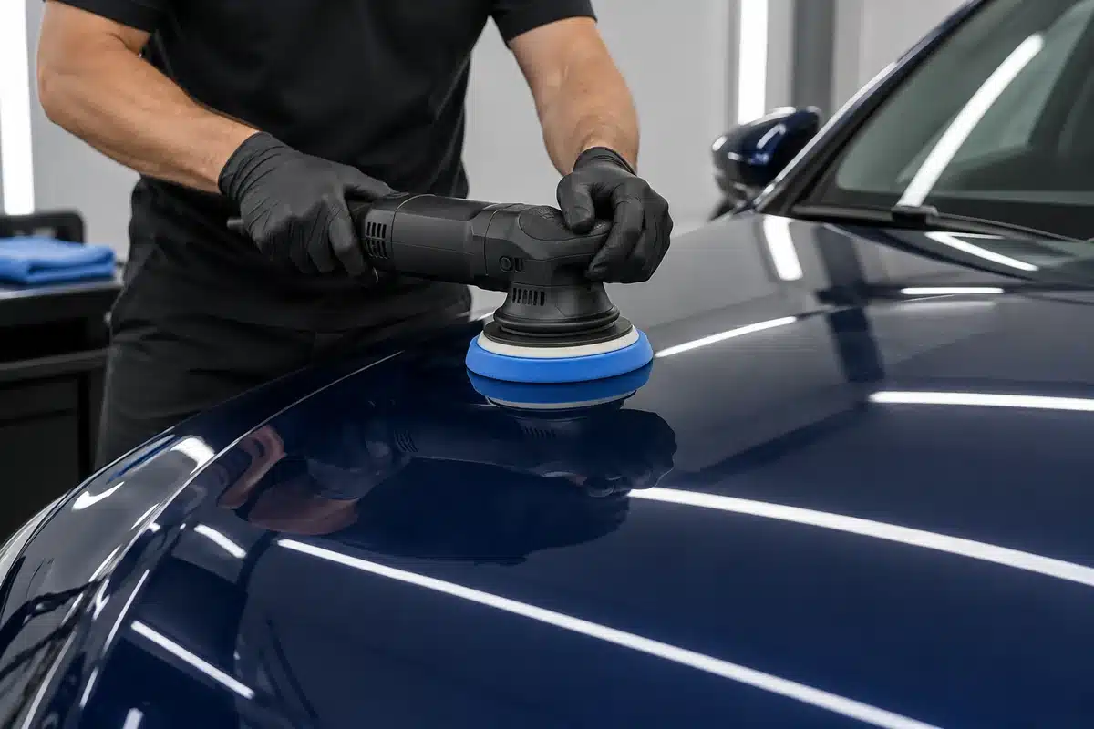 Dual-action polisher used on a navy car hood