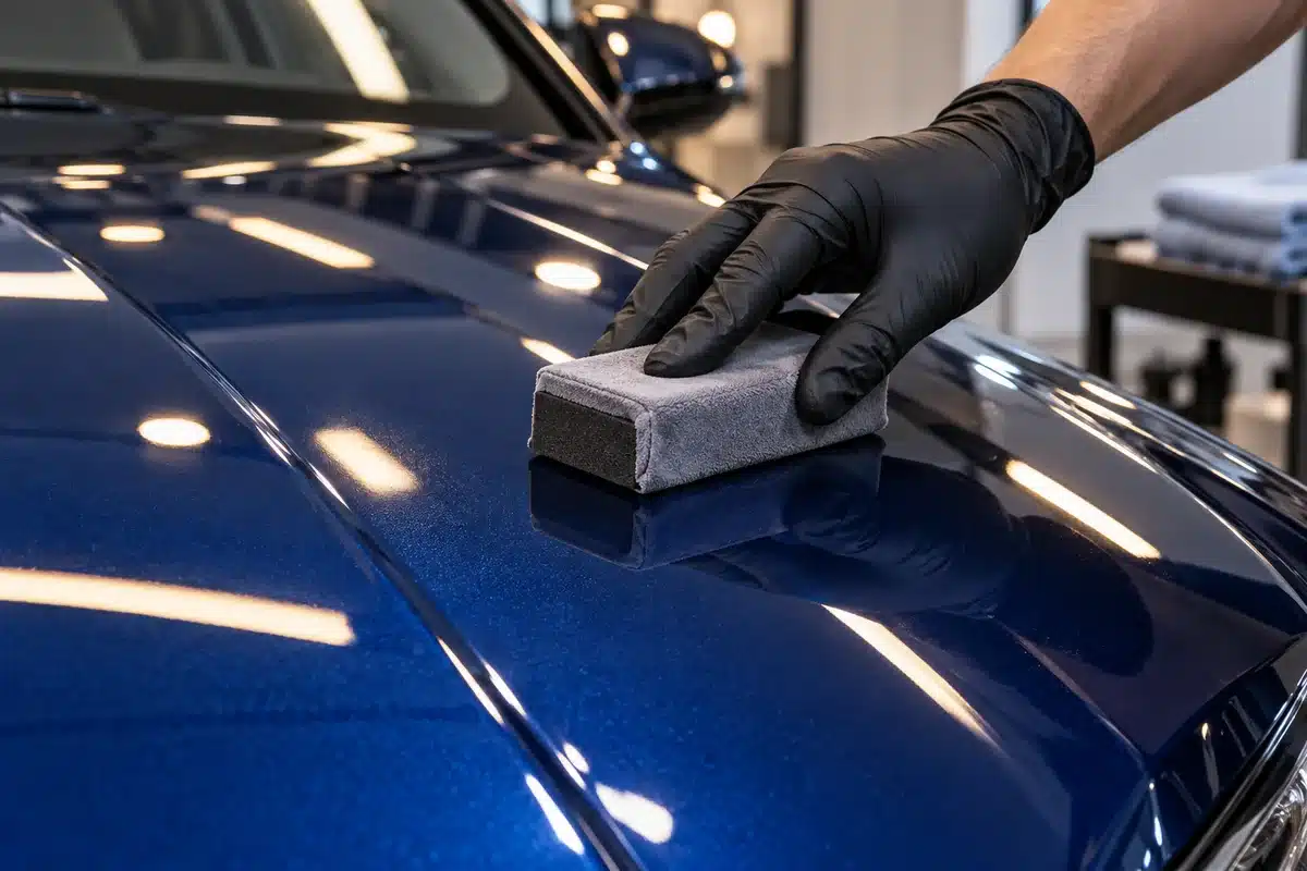 Gloved hand applying ceramic coating to a blue car hood