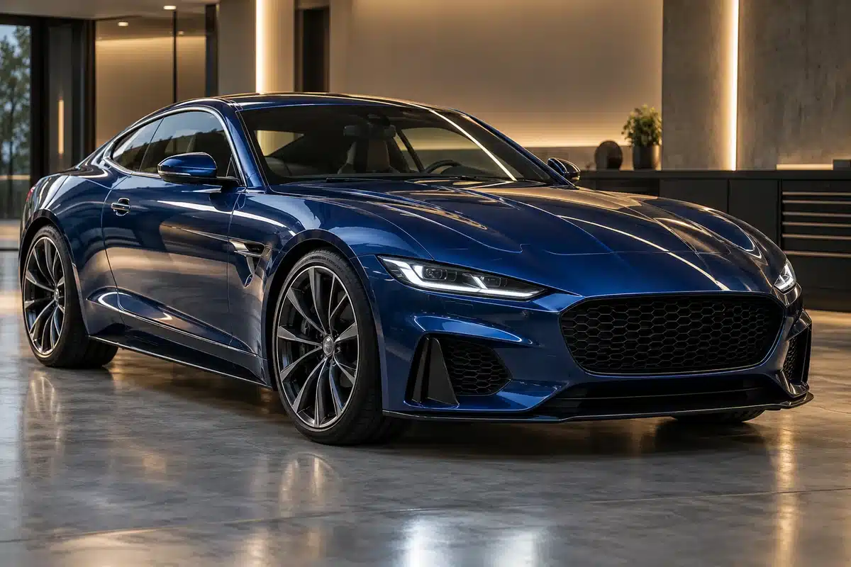 Blue coupe with glossy paintwork in a clean detailing studio