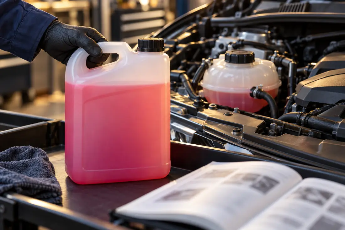 Sealed coolant bottle beside a closed engine coolant reservoir
