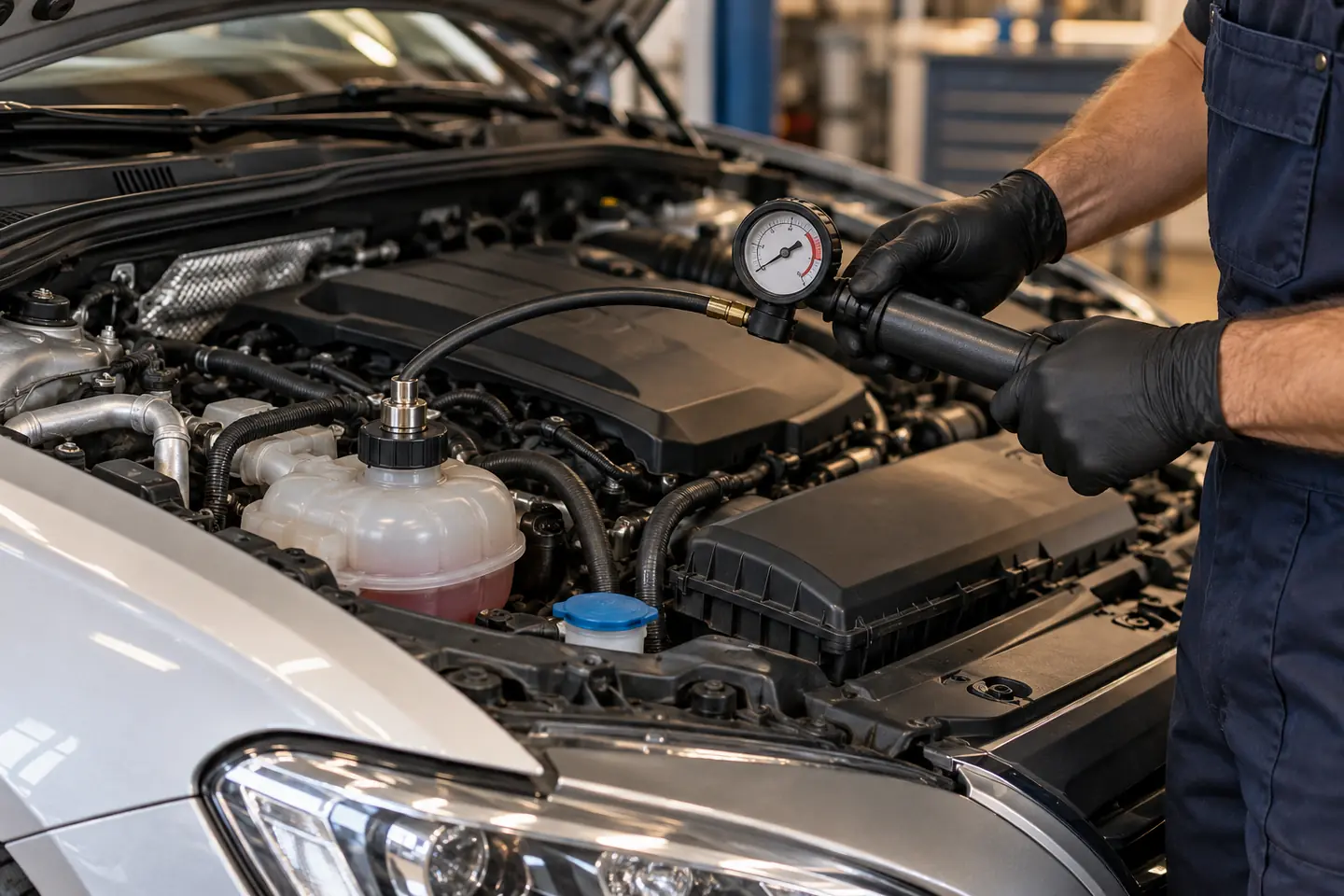 Gloved hands using a cooling system pressure tester on a car engine