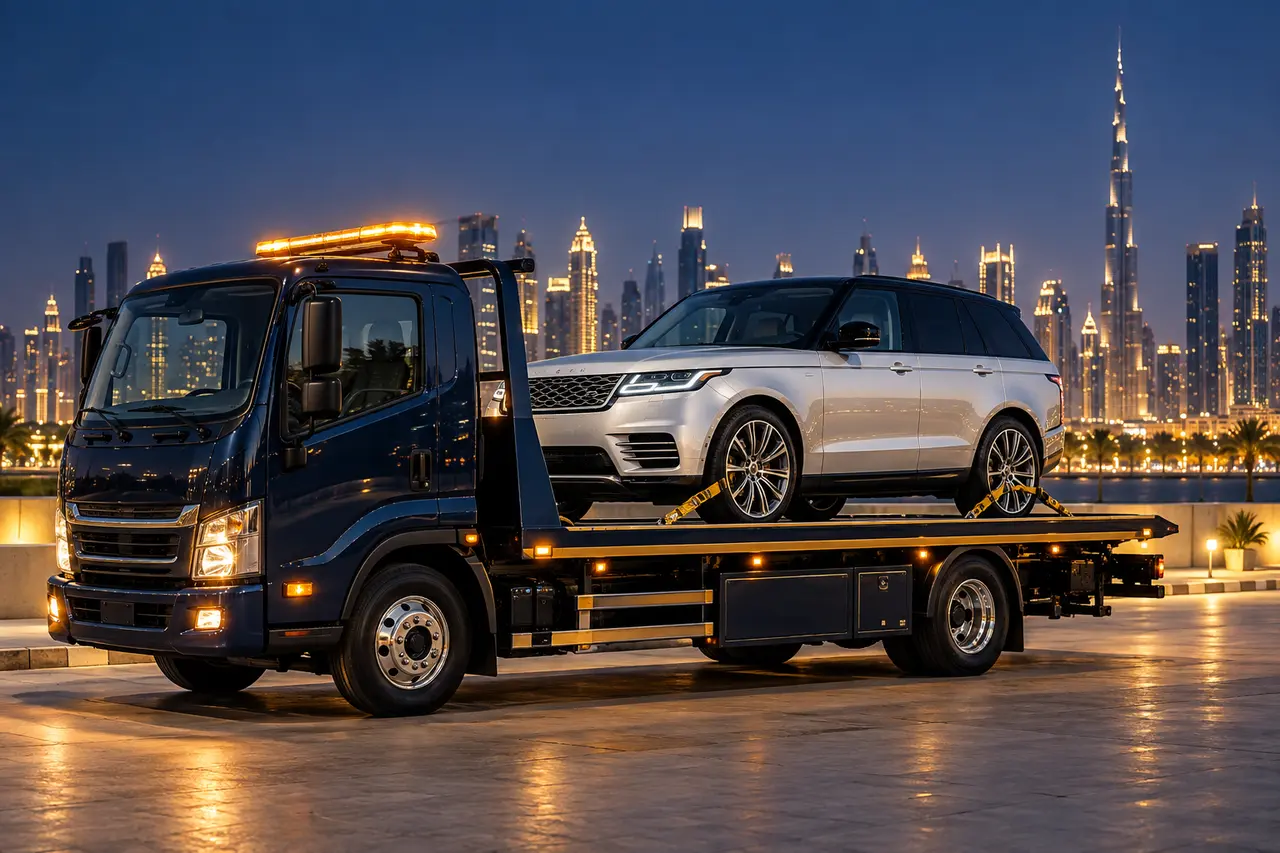 Navy flatbed recovery truck carrying a silver SUV with the Dubai skyline behind it