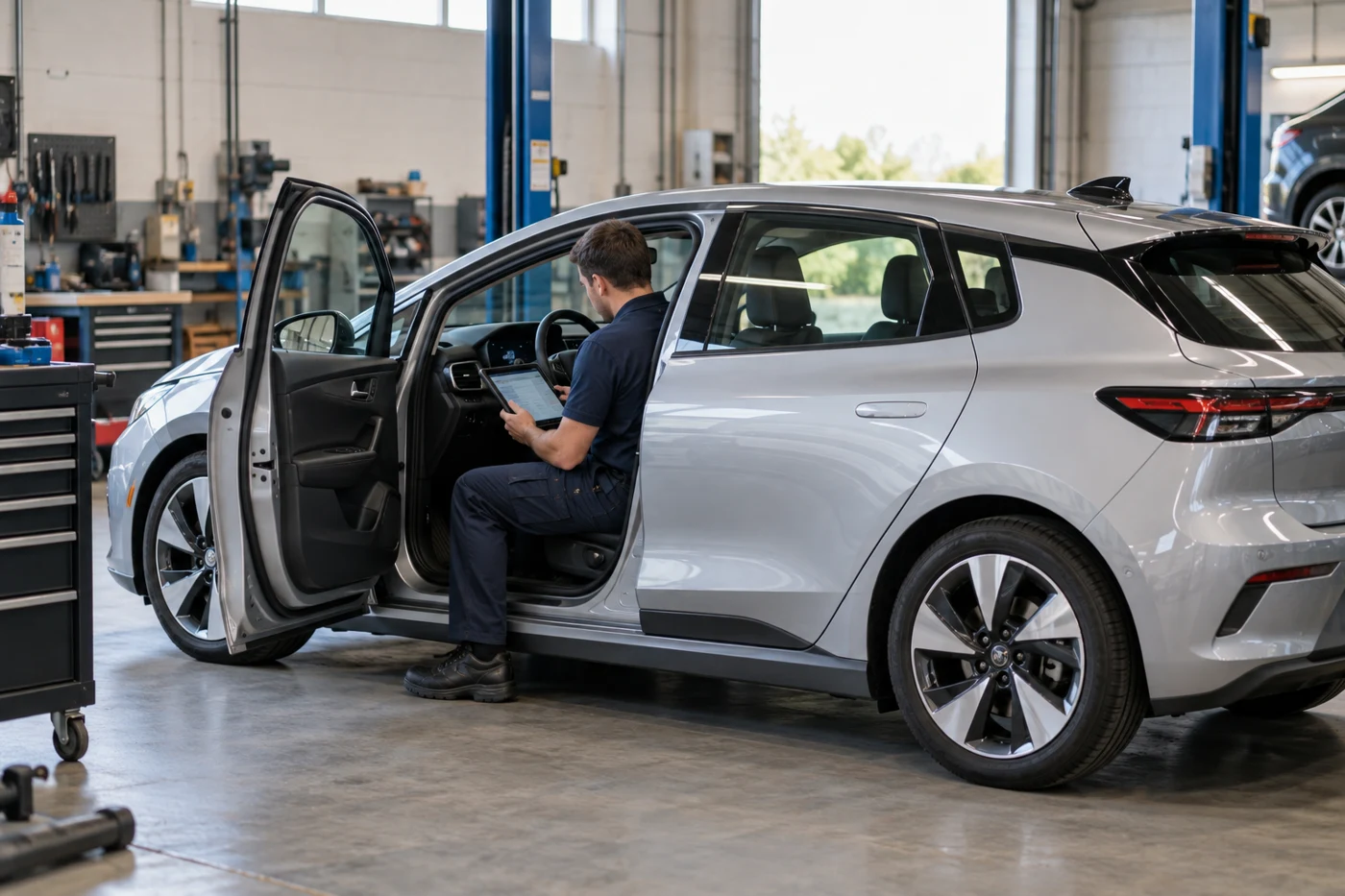 Technician using diagnostic equipment beside an electric vehicle in a workshop