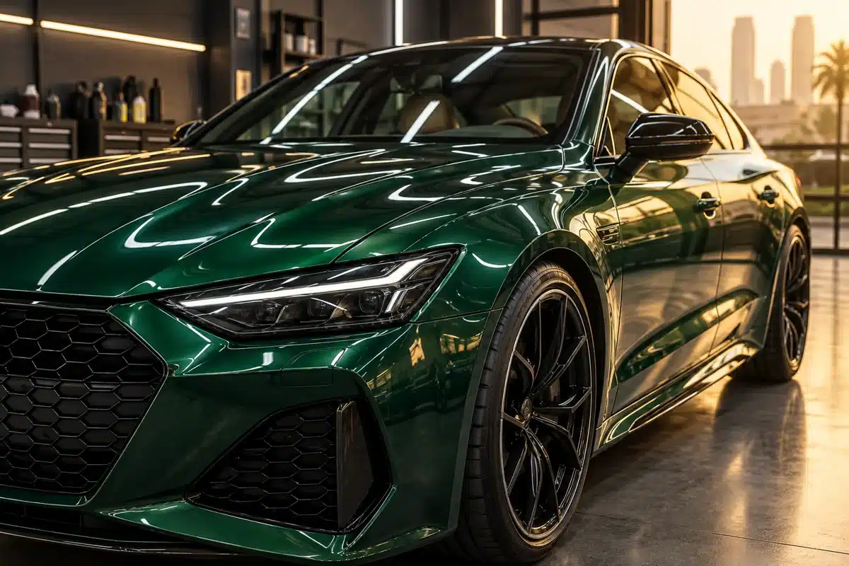 Deep green car with clear reflections across polished paint