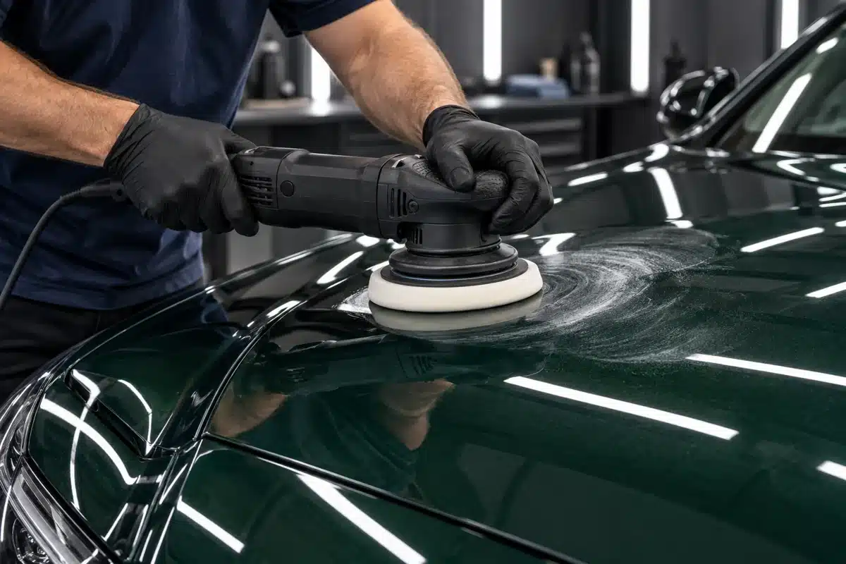 Machine polishing a green car hood with a foam pad