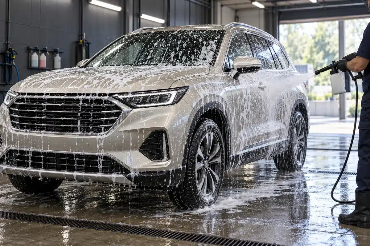 Foam washing the exterior of a silver SUV in a wash bay