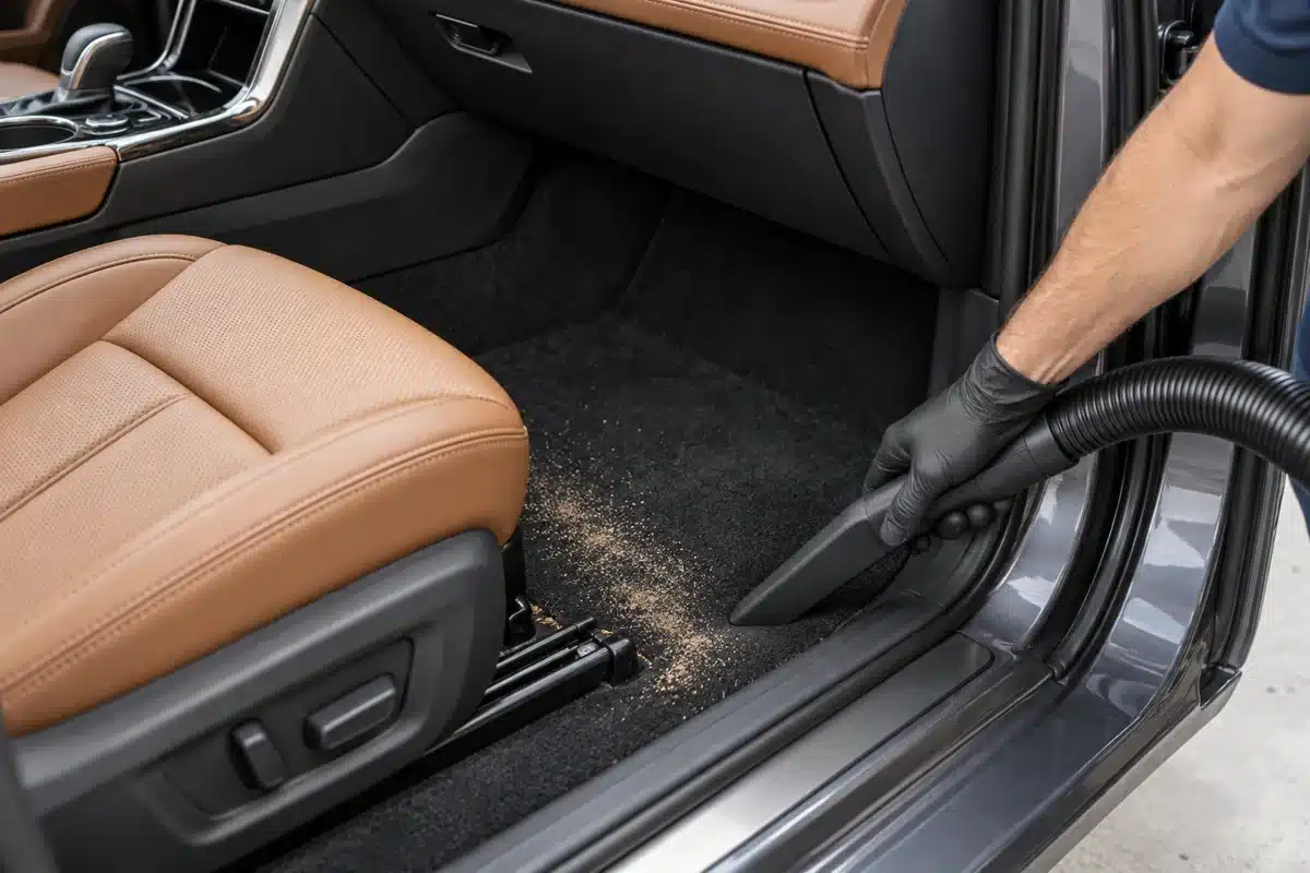 Vacuuming loose sand from a car passenger footwell