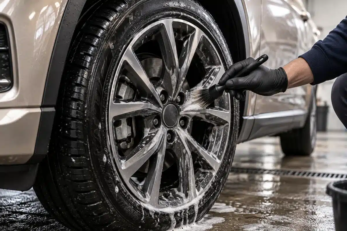 Cleaning an alloy wheel with a soft brush and suitable wash solution