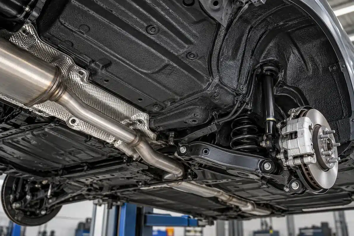 Underbody protection with the exhaust and brake components left clear