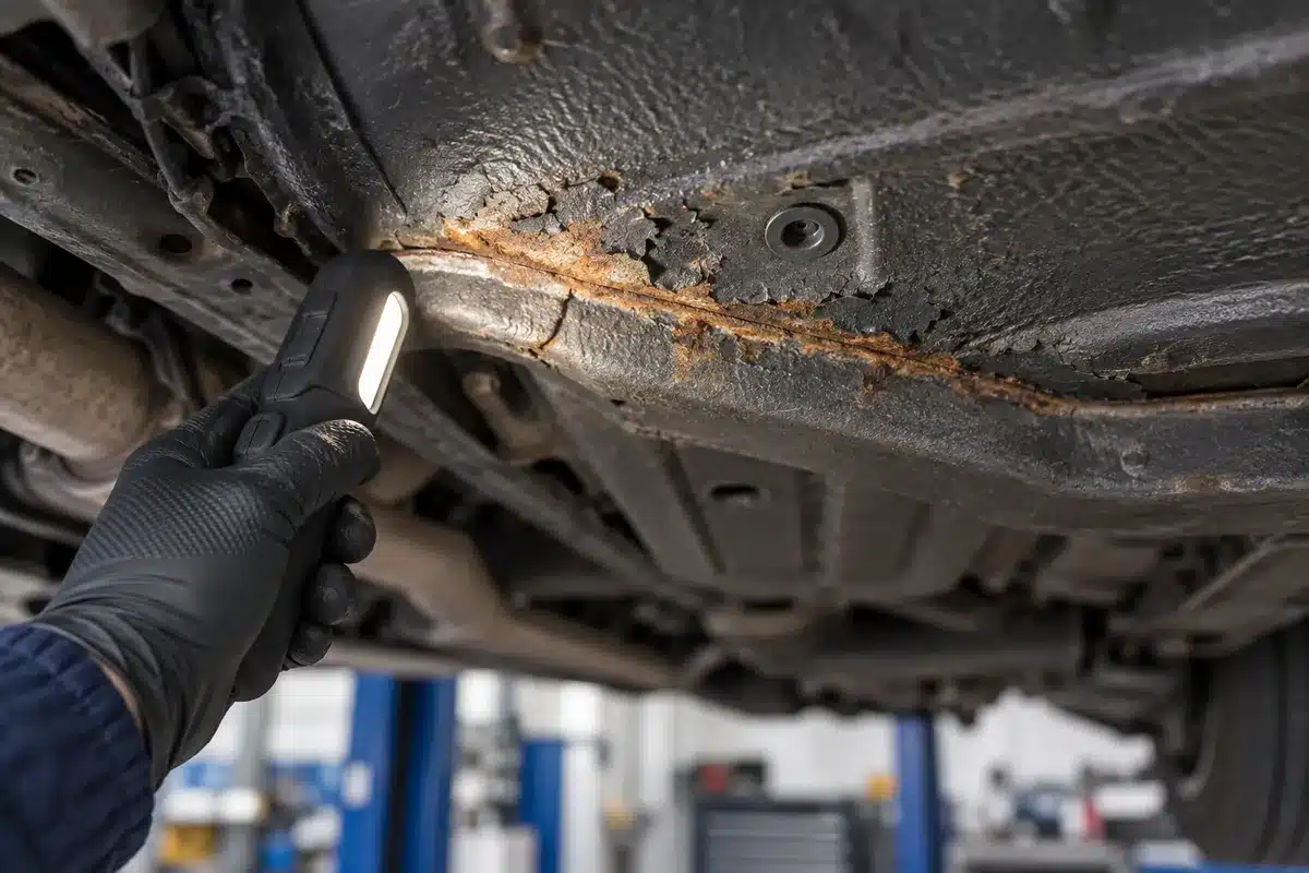 Underbody corrosion and lifting protection examined with an inspection light