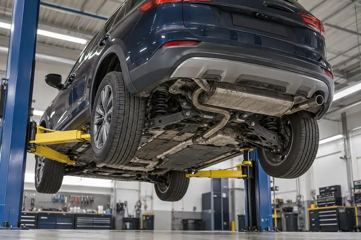 SUV raised on a workshop lift for an underbody inspection