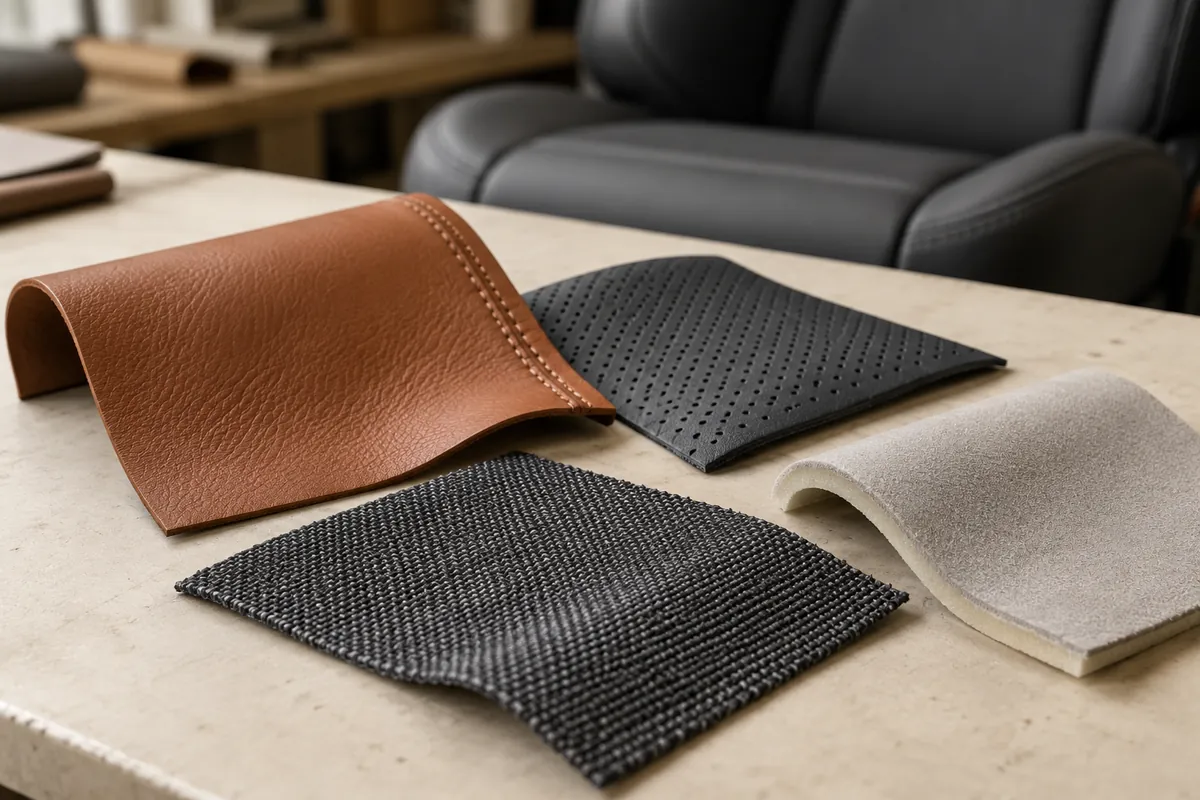 Automotive upholstery material samples in charcoal, cream and warm brown