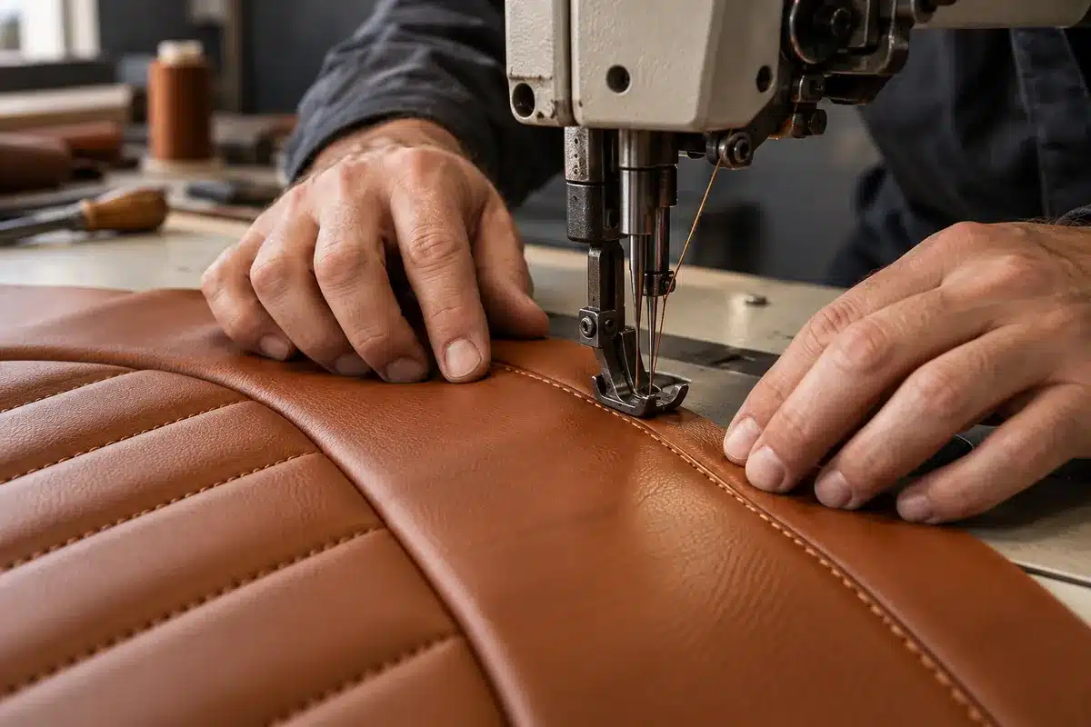 Close-up of careful stitching on an automotive upholstery panel