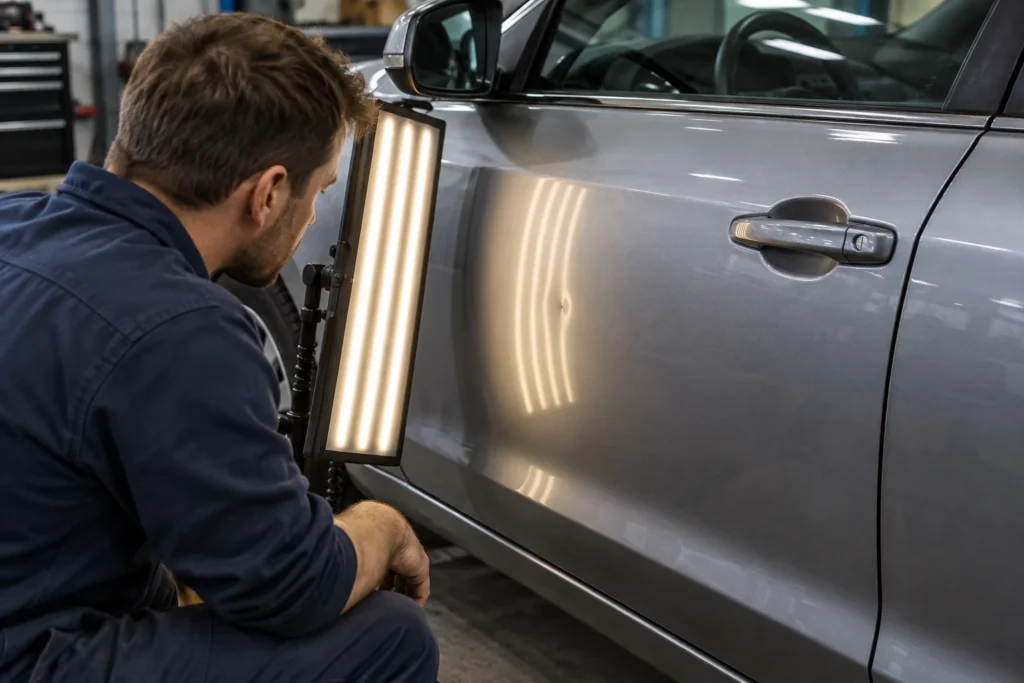 Technician assessing a shallow dent on a silver car door with a reflection light
