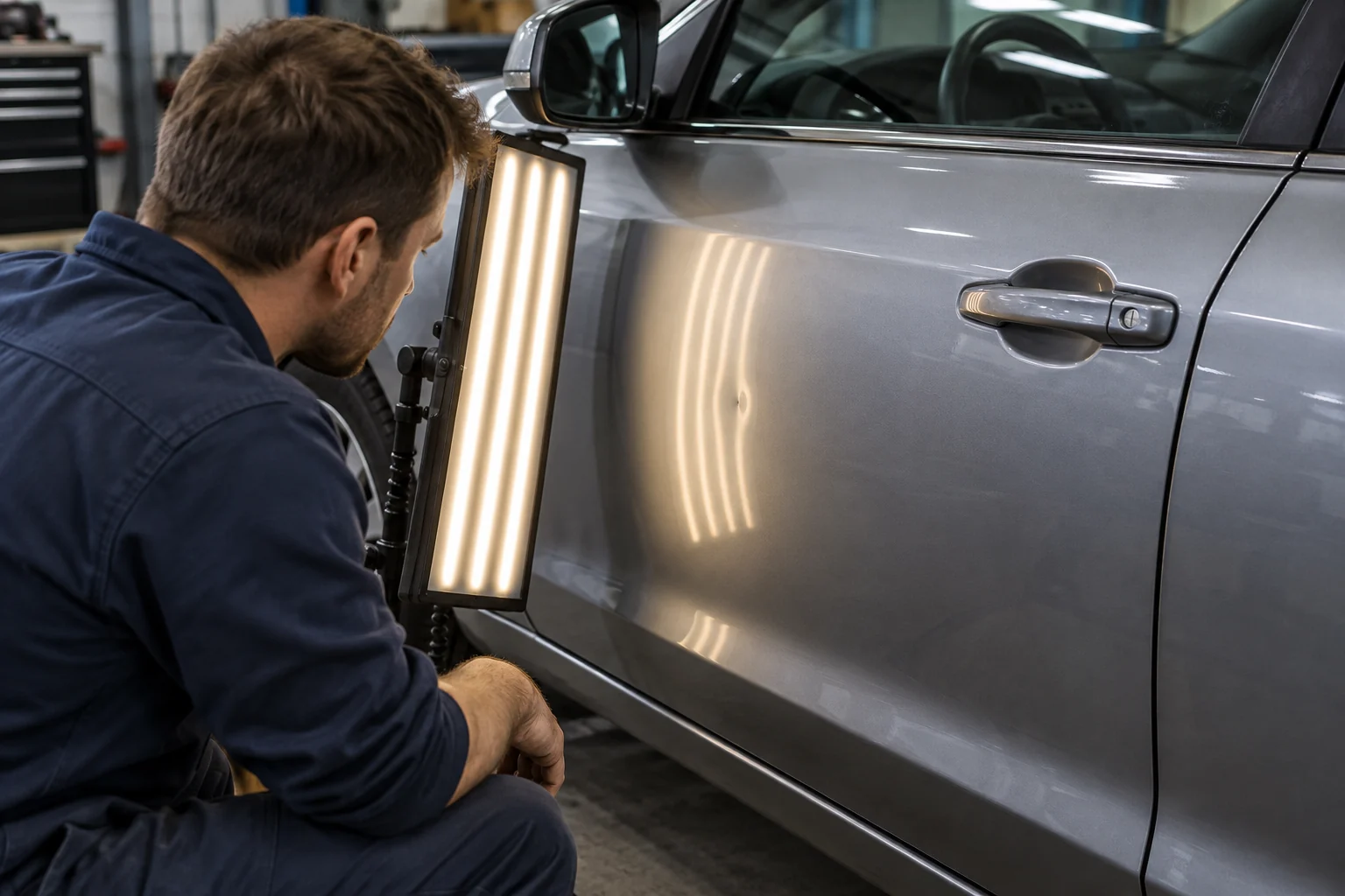 Technician assessing a shallow dent on a silver car door with a reflection light