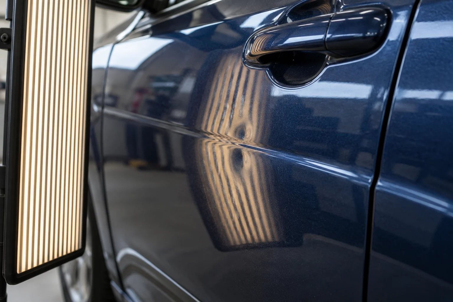 Reflection lines showing a shallow dent in a blue painted car door