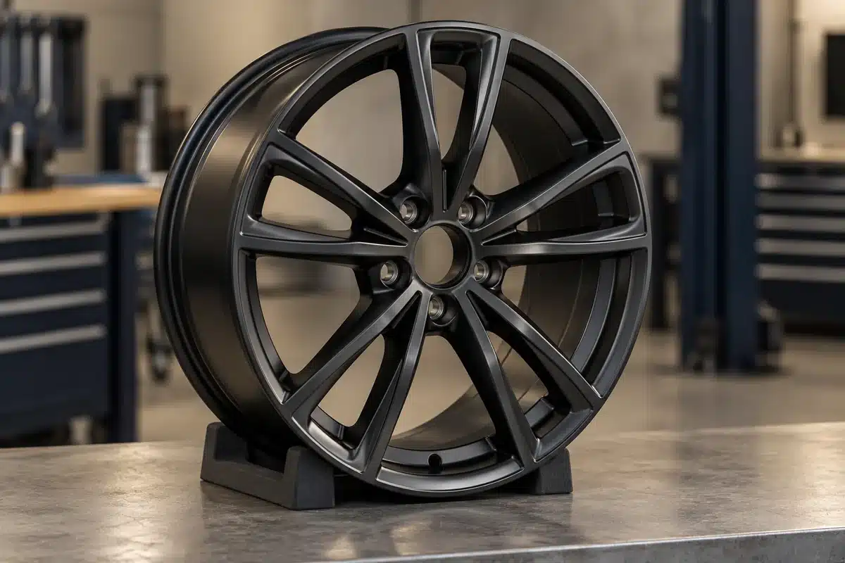 Satin black alloy wheel showing the low-sheen finish