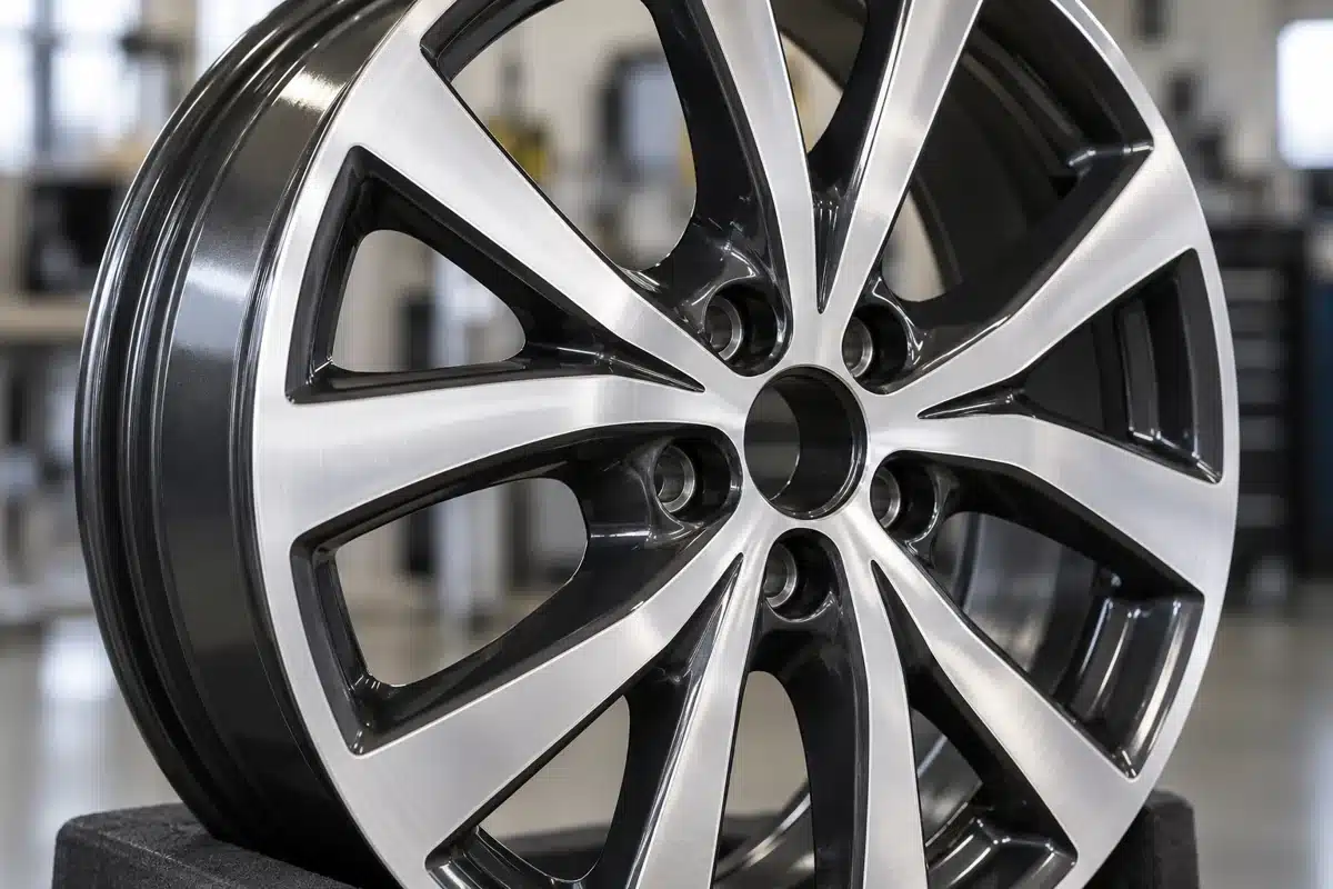 Machined silver spoke faces and dark recesses on a diamond-cut alloy wheel