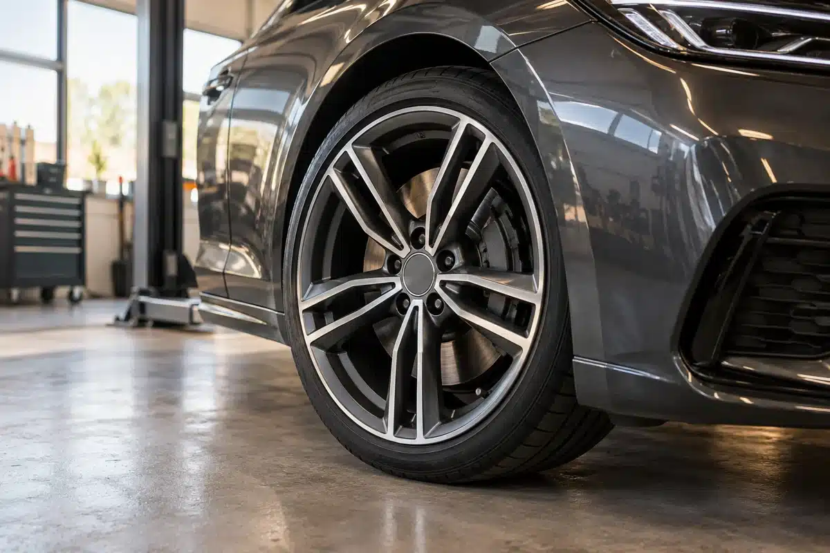 Graphite alloy wheel fitted to a dark sedan