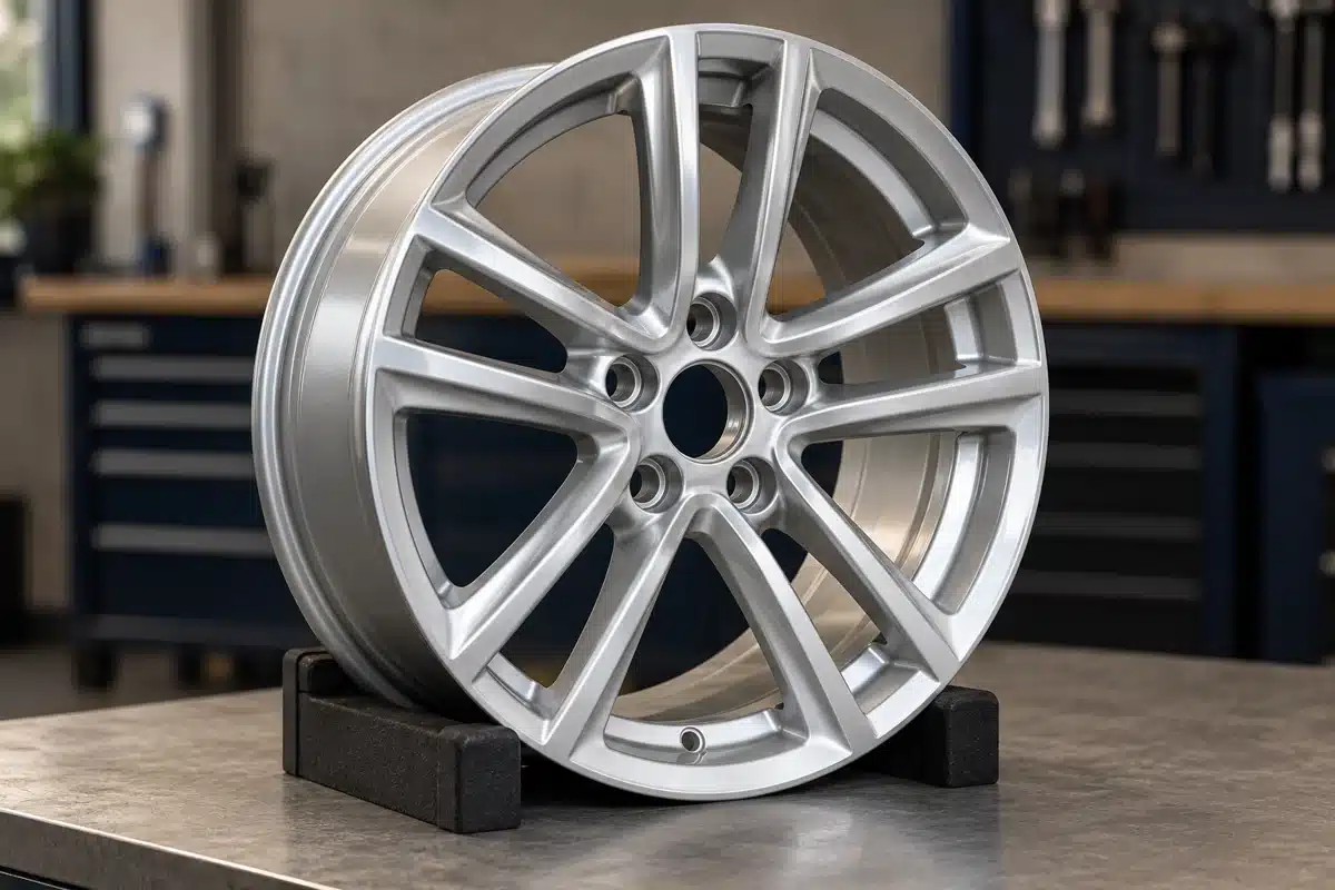 Metallic silver painted alloy wheel on a padded stand